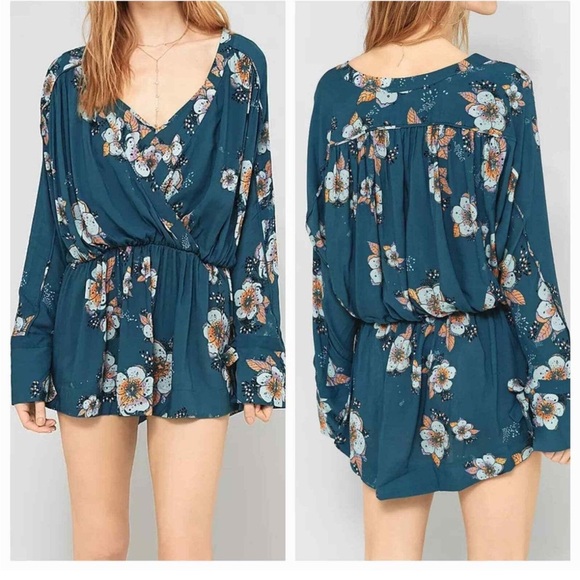 Free People Teal Floral Tuscan Dreams tunic mini dress / tunic top long sleeve M - Picture 16 of 16